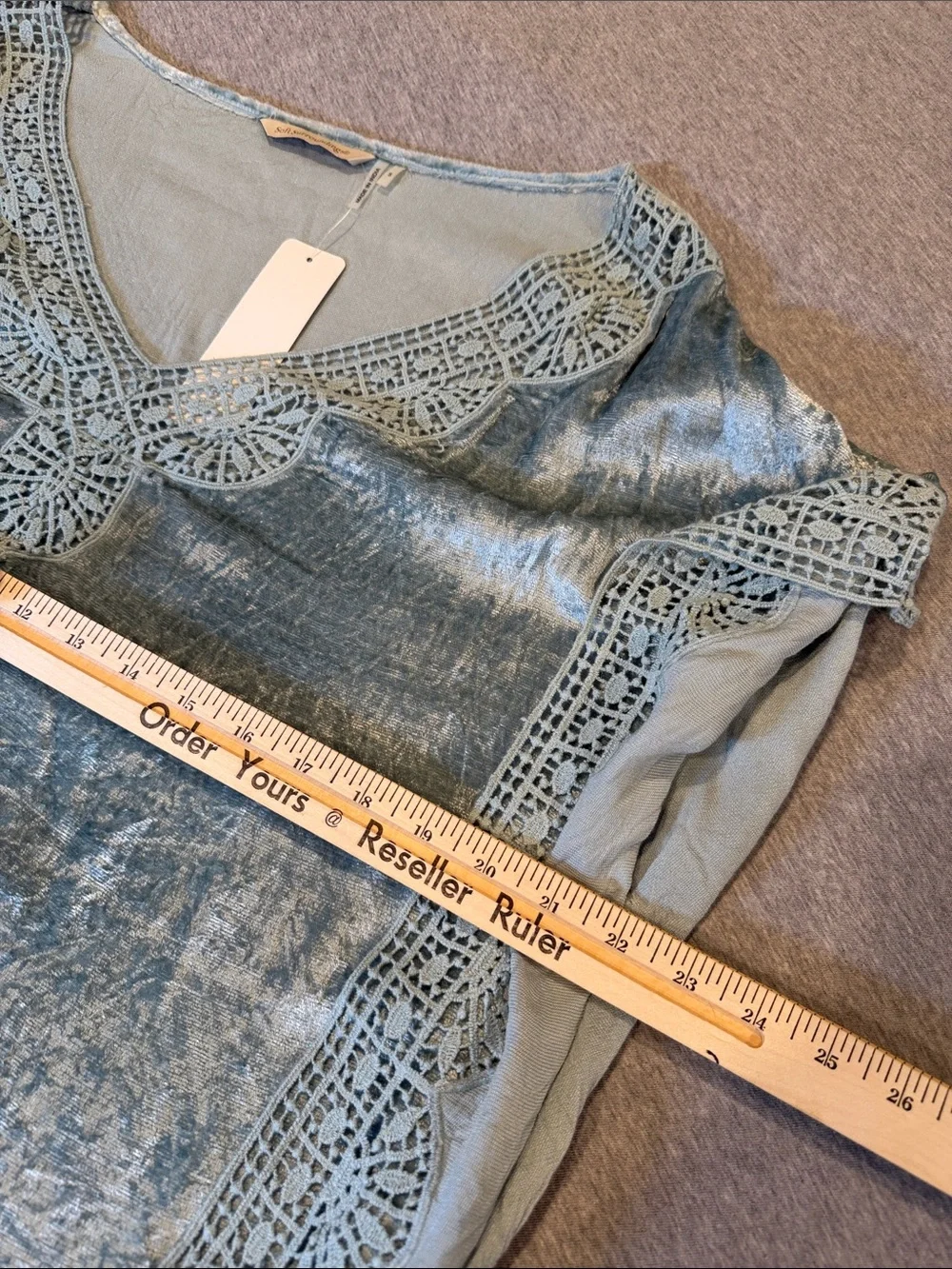 Soft Surroundings Light Blue Crushed Velvet Crochet Trim Poncho Top S Loose Fit